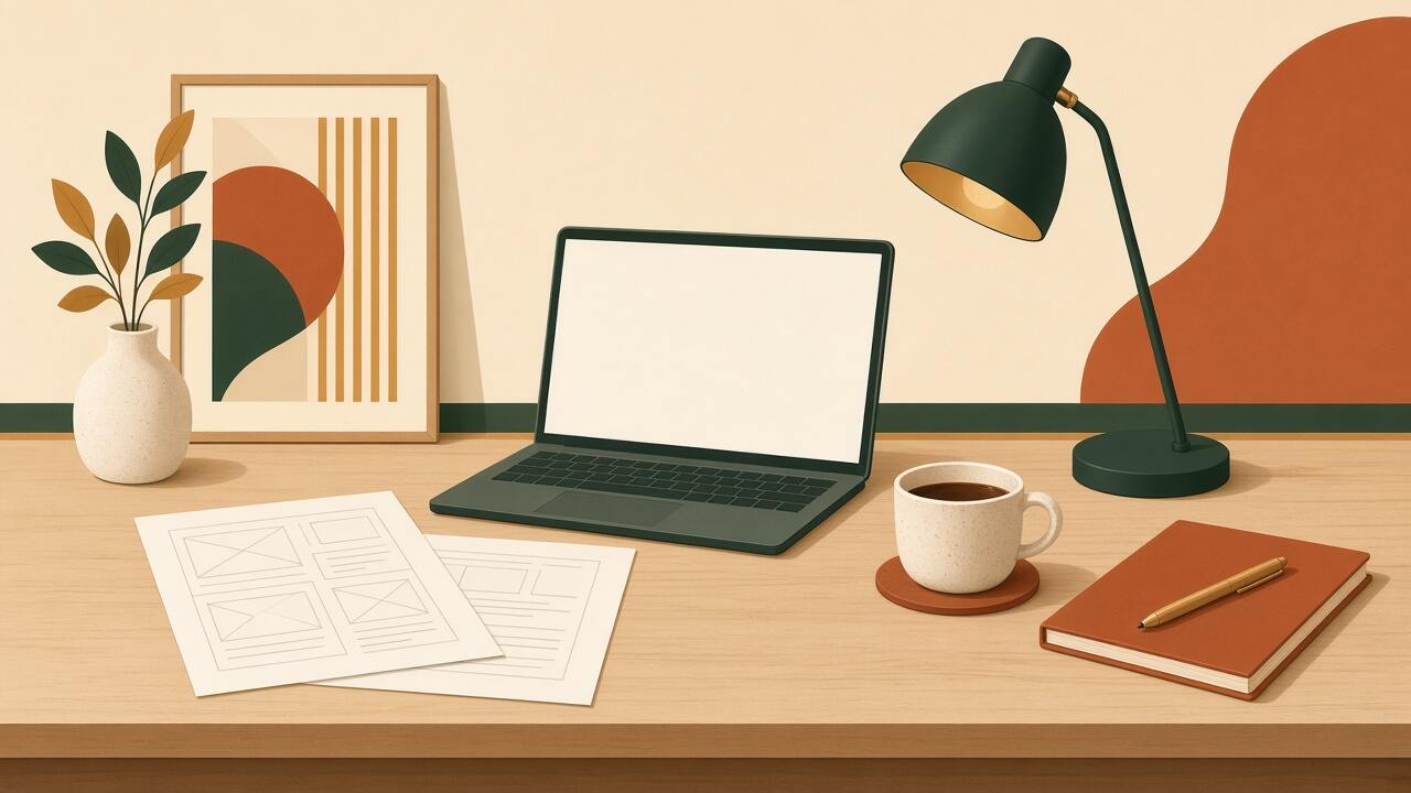 Example illustration of a desk with blank wireframes. It is not a client's office.