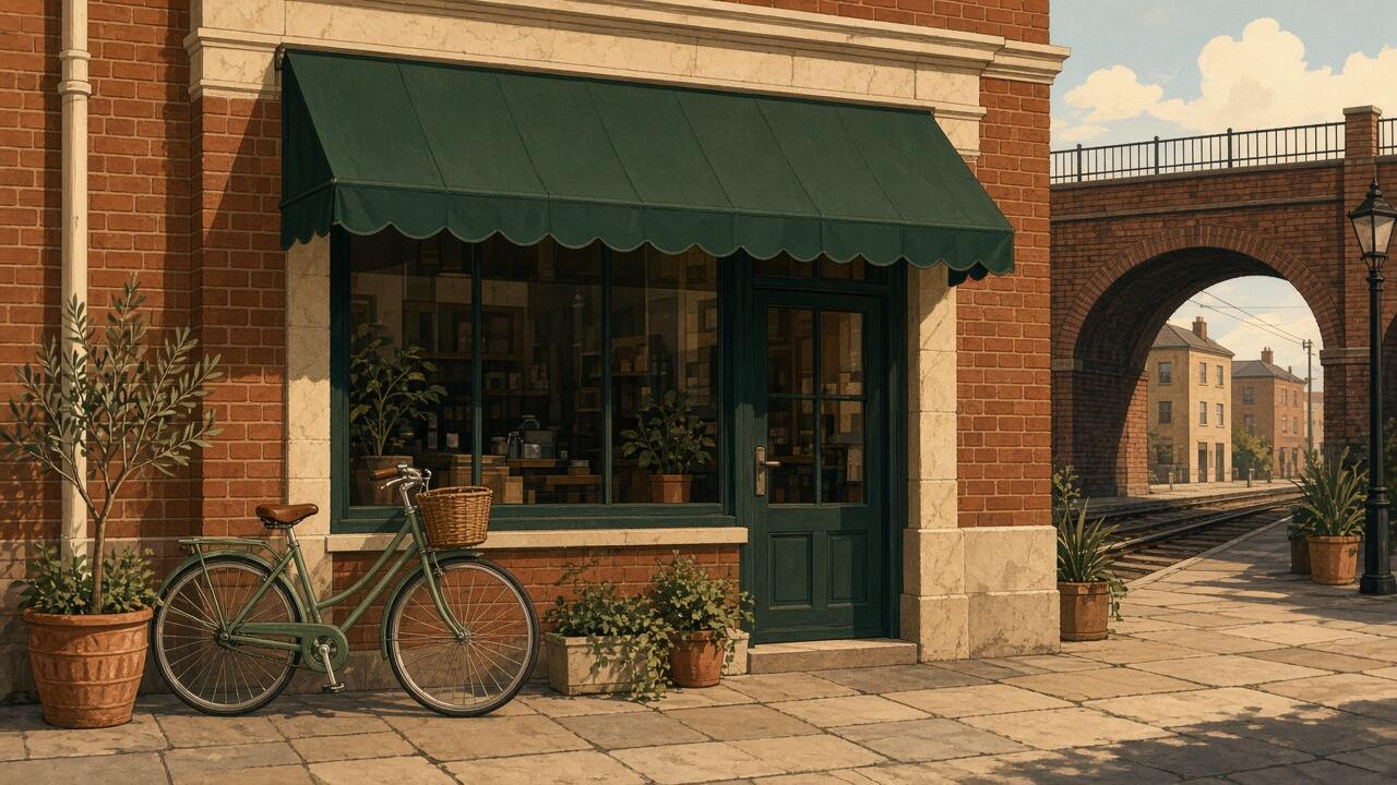 Example illustration of a shopfront and a railway arch. It is not a photograph of a client website.